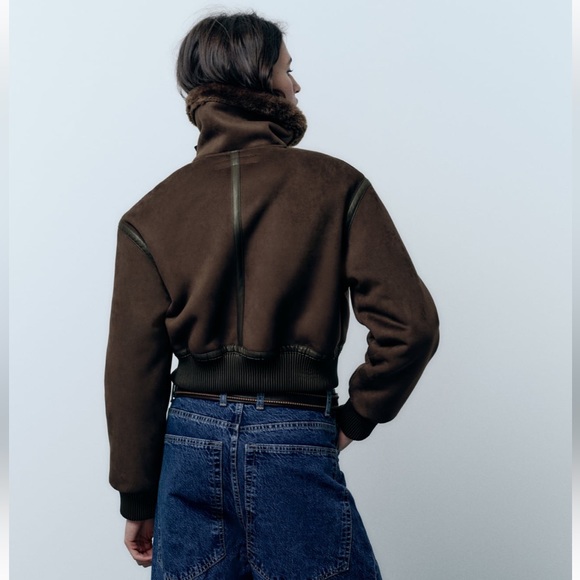 Zara double faced jacket aviator bomber coat faux fur suede brown XS 6318/239 - Picture 12 of 16